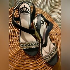 Fergalicious Black and Gold Wedge Sandals Size 6